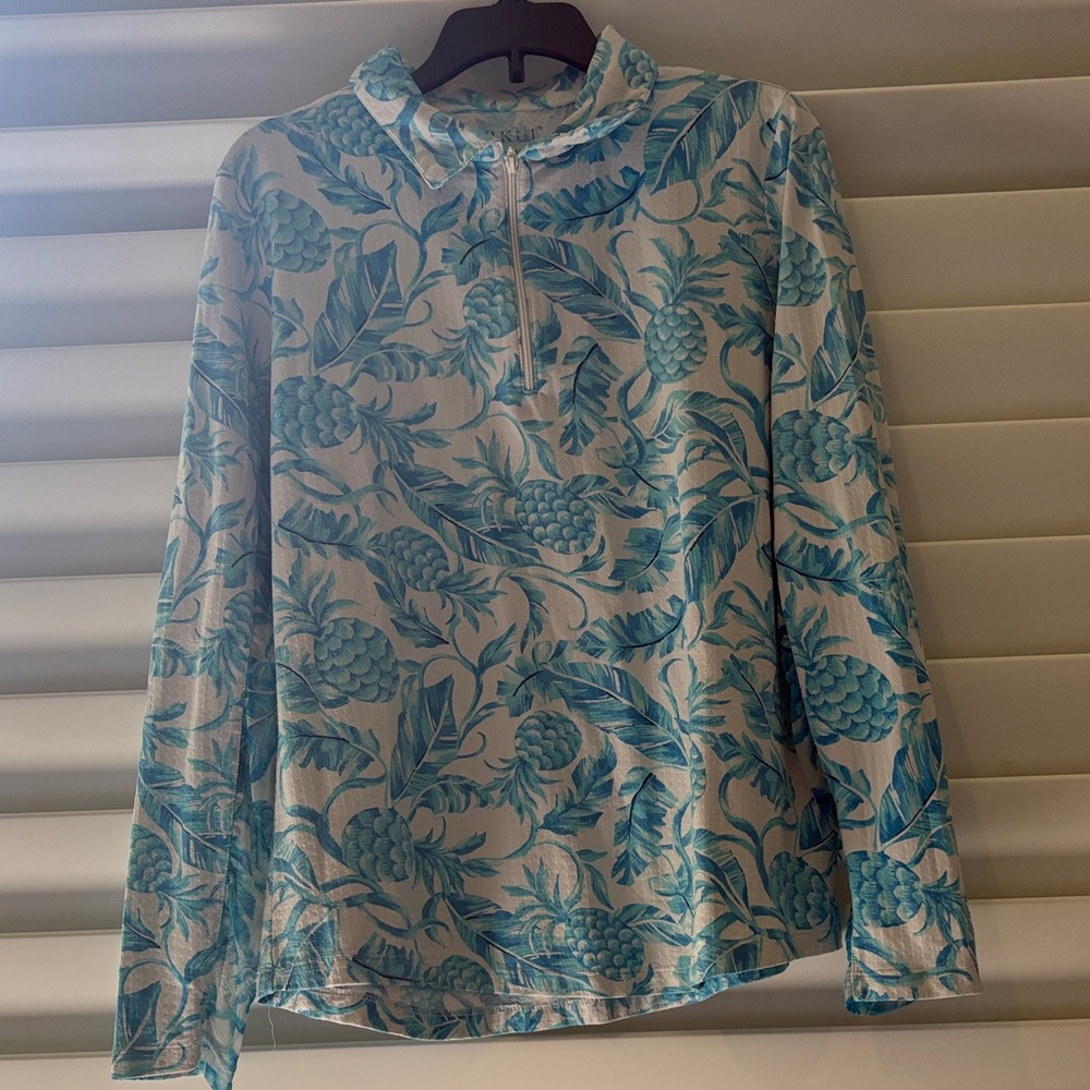 IBKUL WOMEN'S Pineapple Turquoise Long Sleeve Mock Golf Tennis Shirt: Sz: M
